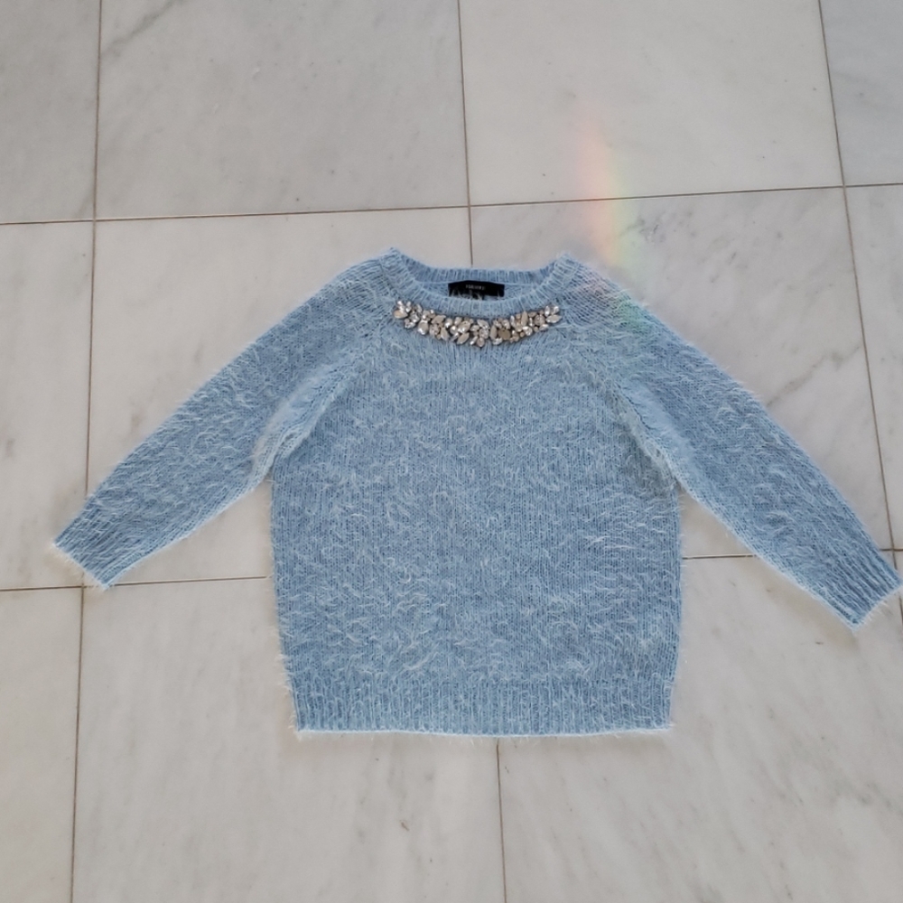 Unworn Blue eyelash sweater with rhinestones